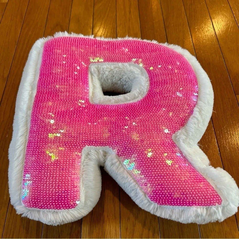 Justice Stuffed R Decorative Pillow Plush Faux Fur White And Hot Pink Sequin